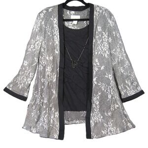 Vtg Metallic Tunic Top 20W Black Silver Layered Necklace Soft Glam Elegant 80s‎